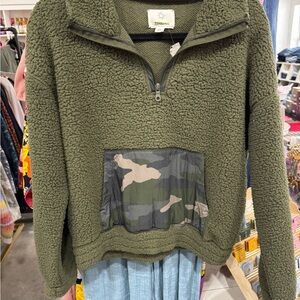 Aerie Olive Green Sherpa Zip-Up Sweater